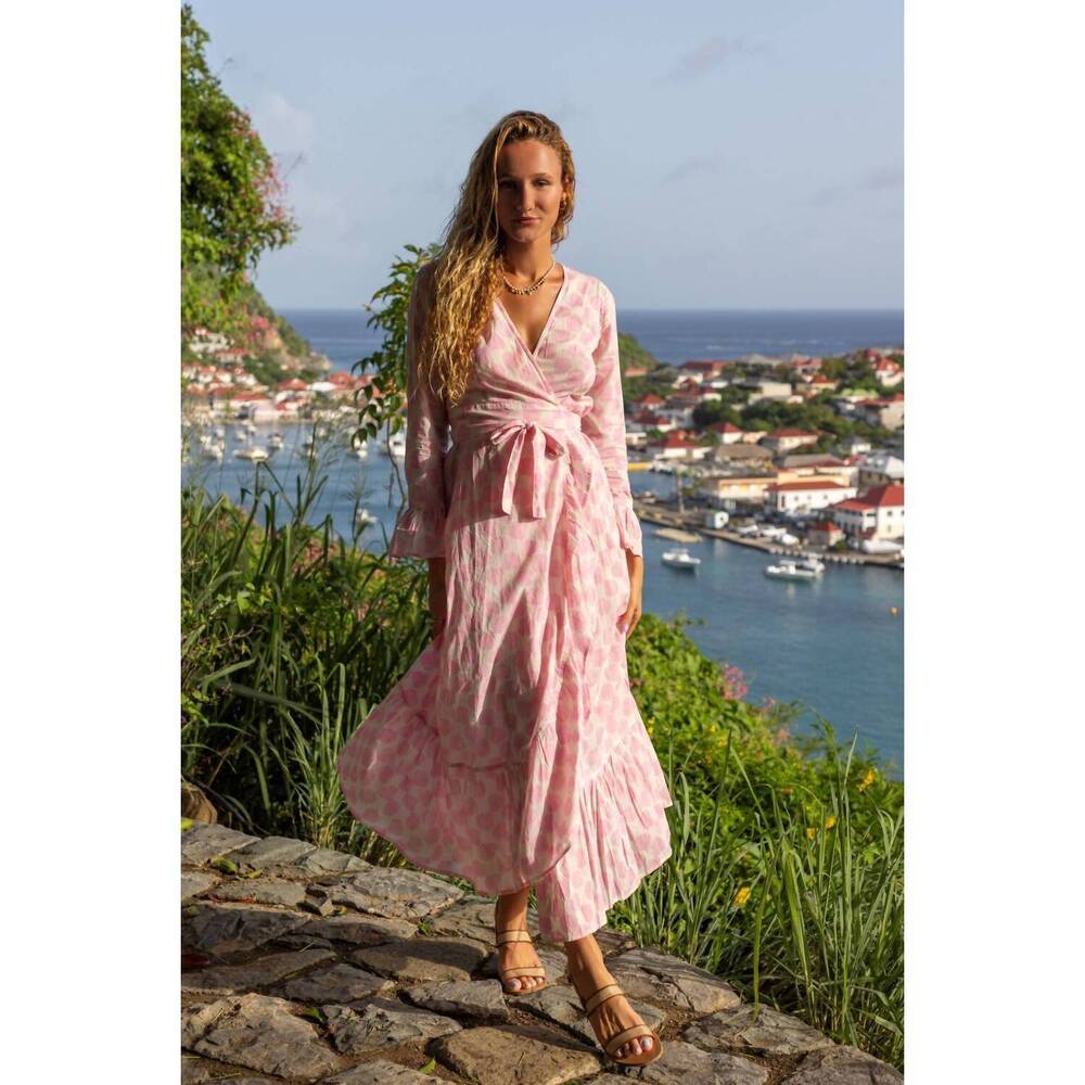 NEW MER ST. BARTH genevieve ruffle wrap dress in shell beach pink